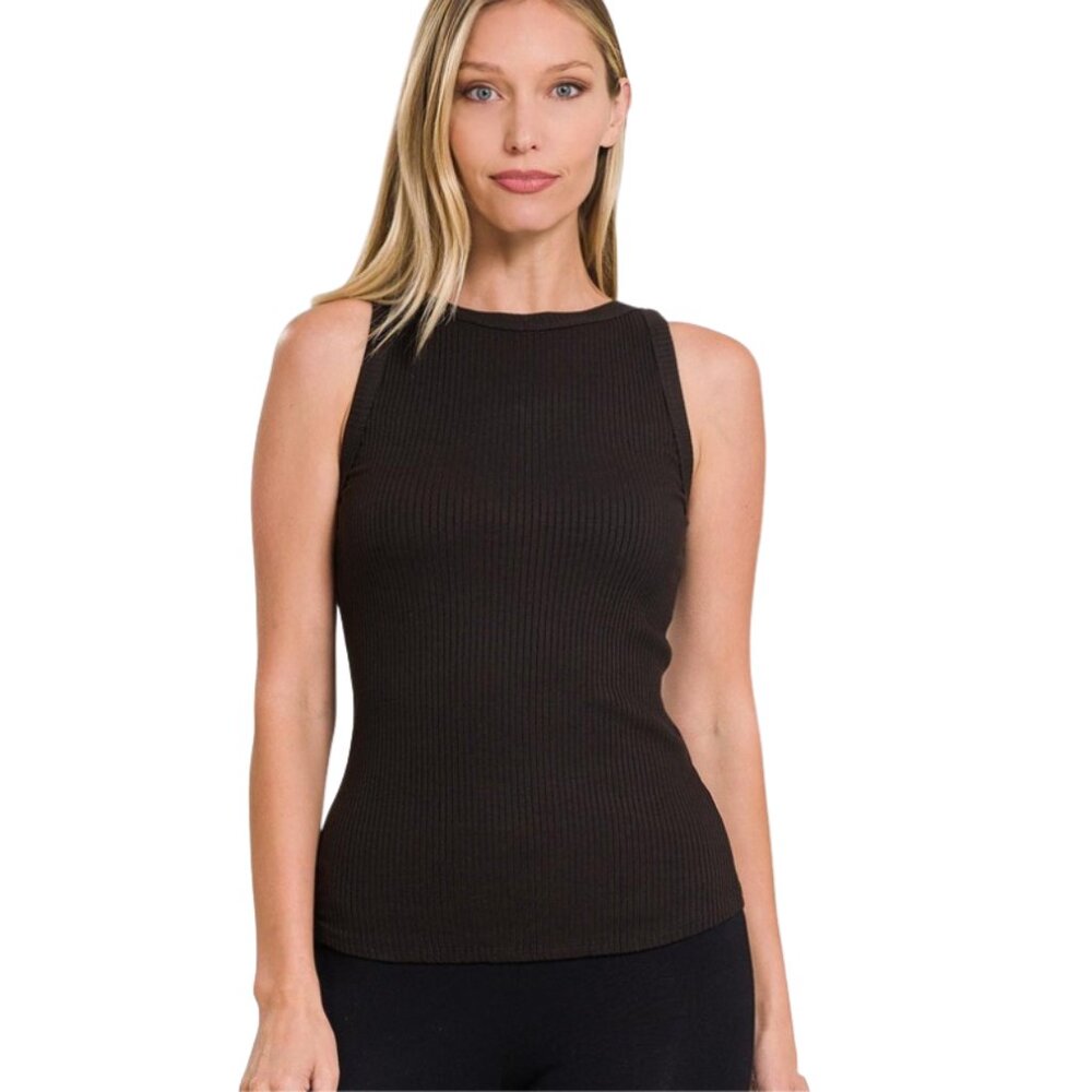 Zenana Ribbed Crew Neck Tank in Black